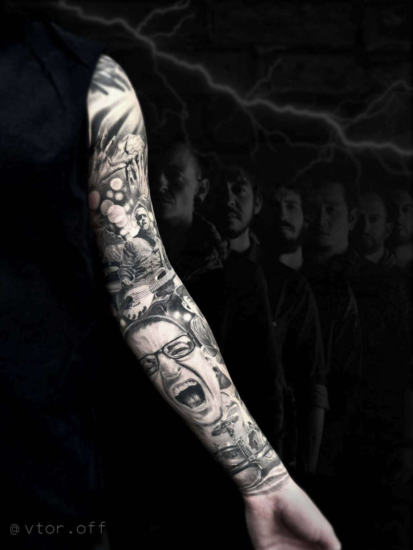 Untitled Full sleeve black and grey realism Linkin Park tribute tattoo by Igor Vtoroff. Custom rock music sleeve project from, Torrevieja, Alicante, Spain.