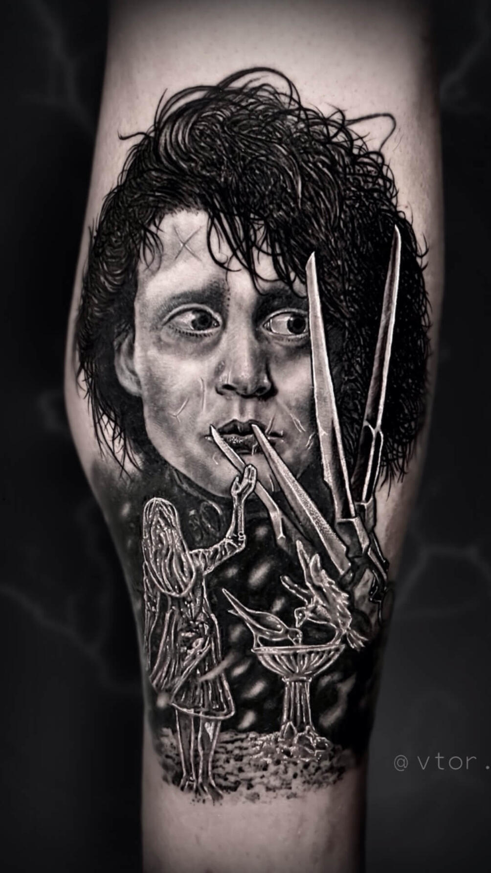Untitled Igor Vtoroff | Realistic Edward Scissorhands portrait tattoo. Custom movie character tattoo art, Torrevieja, Alicante, Spain.