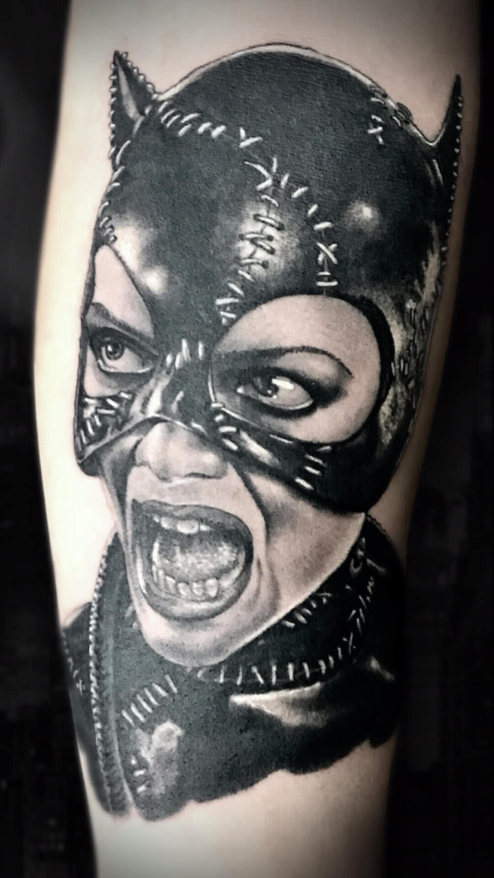 Untitled Realistic Catwoman portrait tattoo by Igor Vtoroff. Custom movie character black and grey realism in Torrevieja, Alicante, Spain.
