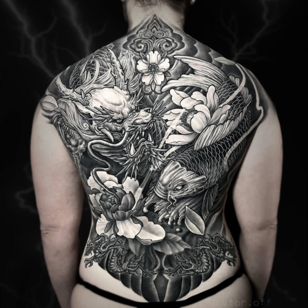 Untitled Full back tattoo of Japanese dragon and koi fish by Igor Vtoroff. Custom oriental bodysuit. Torrevieja, Alicante, Spain.