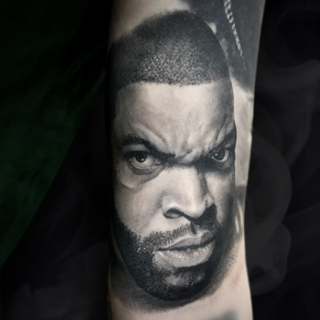 Untitled Detailed Ice Cube portrait tattoo done by Igor Vtoroff. Realistic black and grey celebrity portrait, Torrevieja, Alicante, Spain.