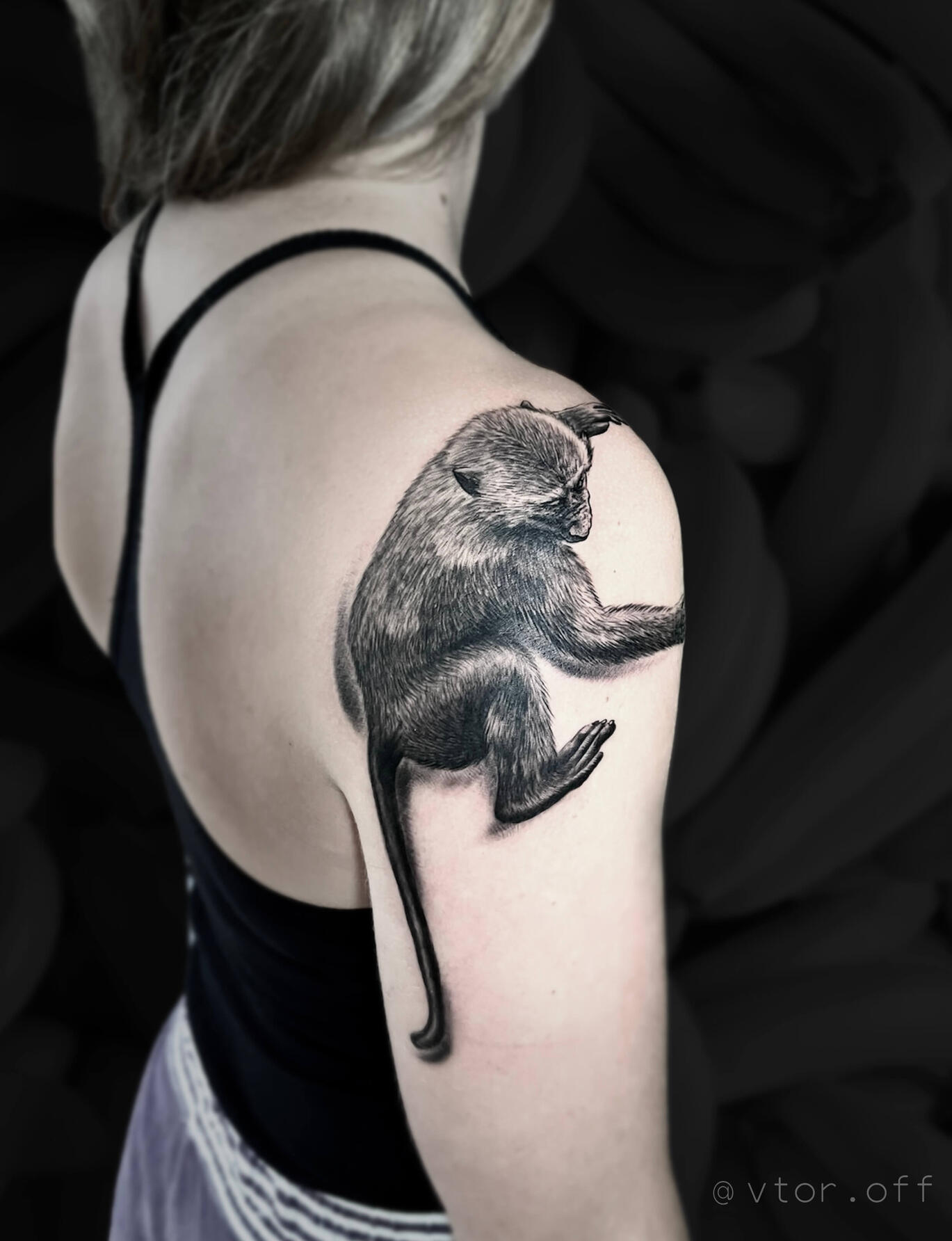Untitled Igor Vtoroff | Realistic monkey shoulder tattoo with detailed fur texture in micro-realism style. Black and grey realism, Torrevieja, Alicante, Spain.