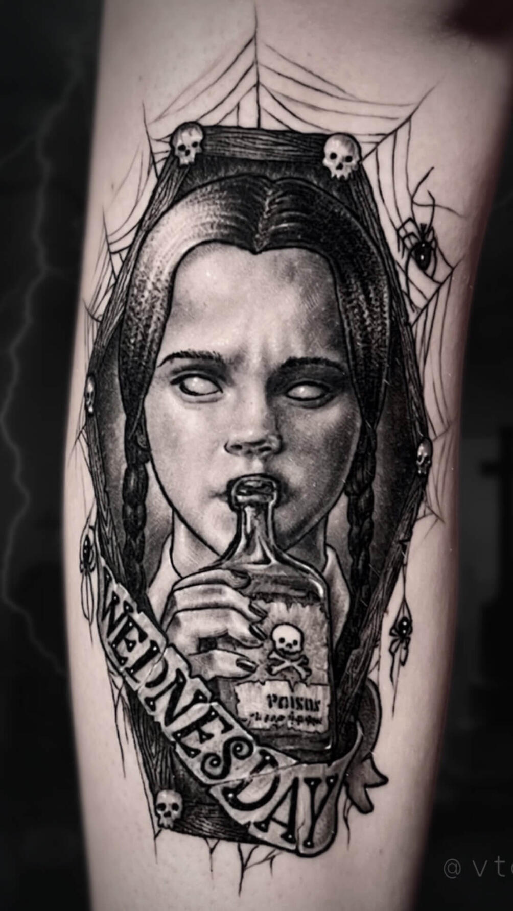 Untitled Igor Vtoroff | Wednesday Addams tattoo combining traditional style, custom design, realism and chicano elements. Torrevieja, Alicante, Spain.