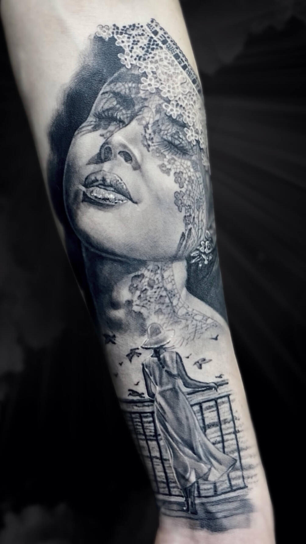 Untitled Beautiful woman portrait tattoo with lace veil on forearm done by Igor Vtoroff. Realistic micro-realism art, Torrevieja, Alicante, Spain.