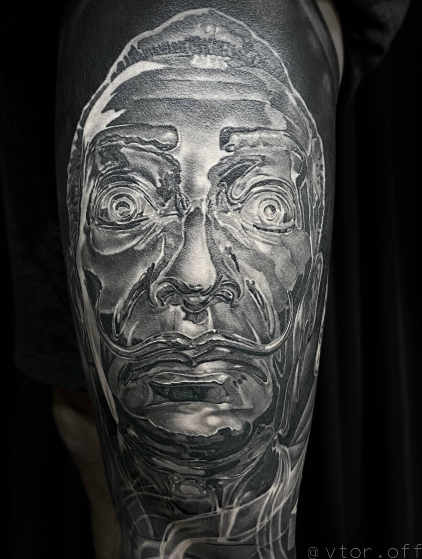 Untitled Detailed Salvador Dali surrealism portrait tattoo done by Igor Vtoroff. Realistic black and grey artist portrait, Torrevieja, Alicante, Spain.