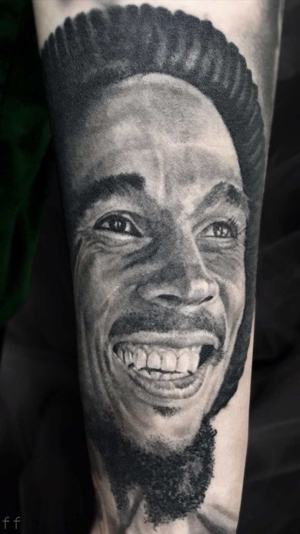Untitled Bob Marley portrait tattoo by Igor Vtoroff. Premium black and grey celebrity portrait tattooer in Torrevieja, Alicante, Spain.