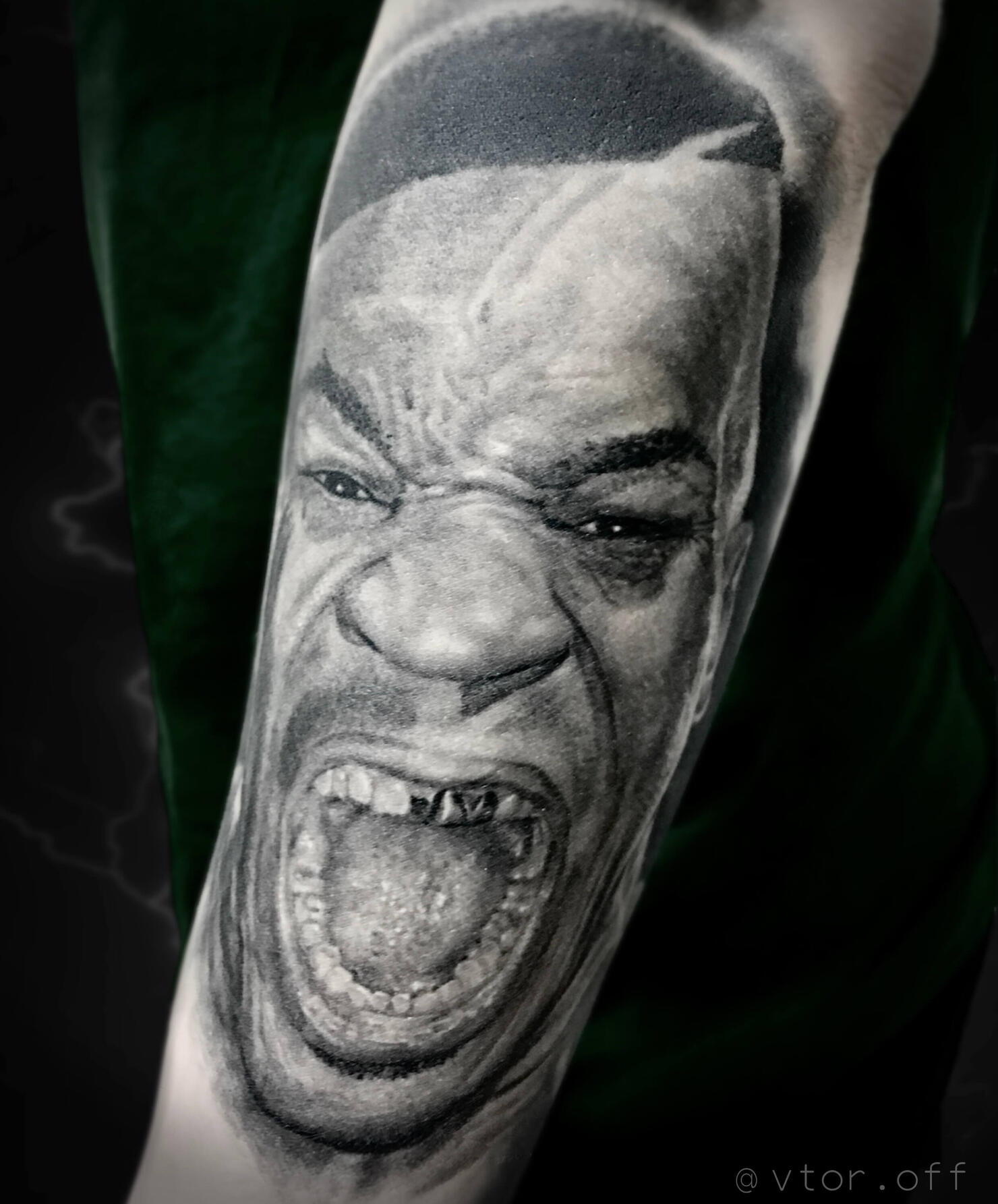 Untitled Realistic Mike Tyson portrait tattoo by Igor Vtoroff. Expressive black and grey boxing legend portrait, Torrevieja, Alicante, Spain.