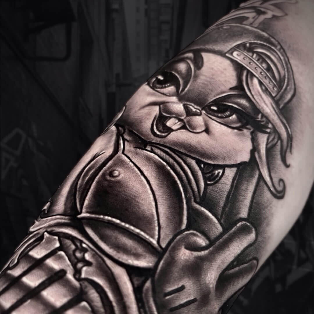 Untitled Detailed Lola Bunny Space Jam cartoon tattoo in Chicano style with street graffiti elements done by Igor Vtoroff. Realistic black and grey pop culture tattoo art, Torrevieja, Alicante, Spain.