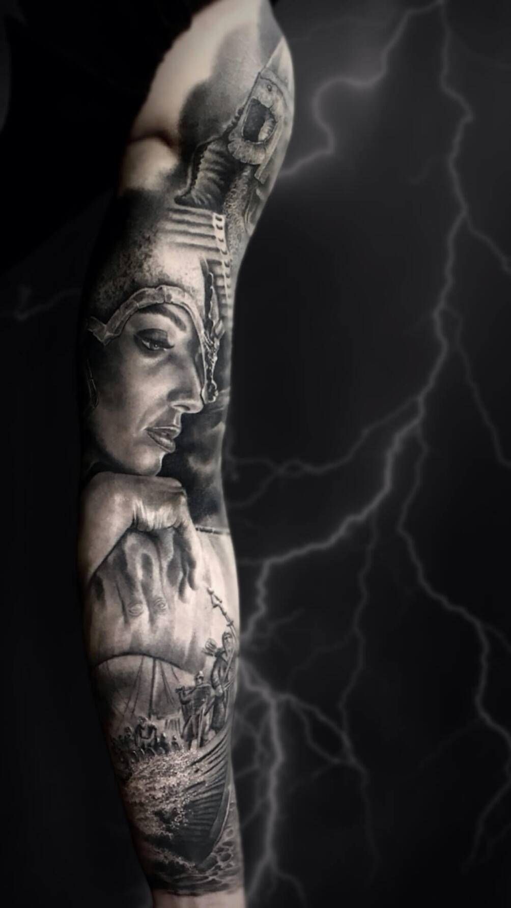 Untitled Realistic Valkyrie warrior tattoo on full sleeve with Nordic Viking themes and Celtic style elements by Igor Vtoroff. Premium mythology realism in Torrevieja, Alicante, Spain.