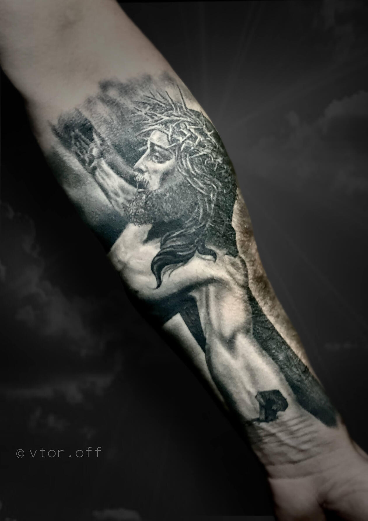 Untitled Detailed Jesus Christ crucifixion religious tattoo done by Igor Vtoroff. Realistic black and grey spiritual sleeve artwork, Torrevieja, Alicante, Spain.