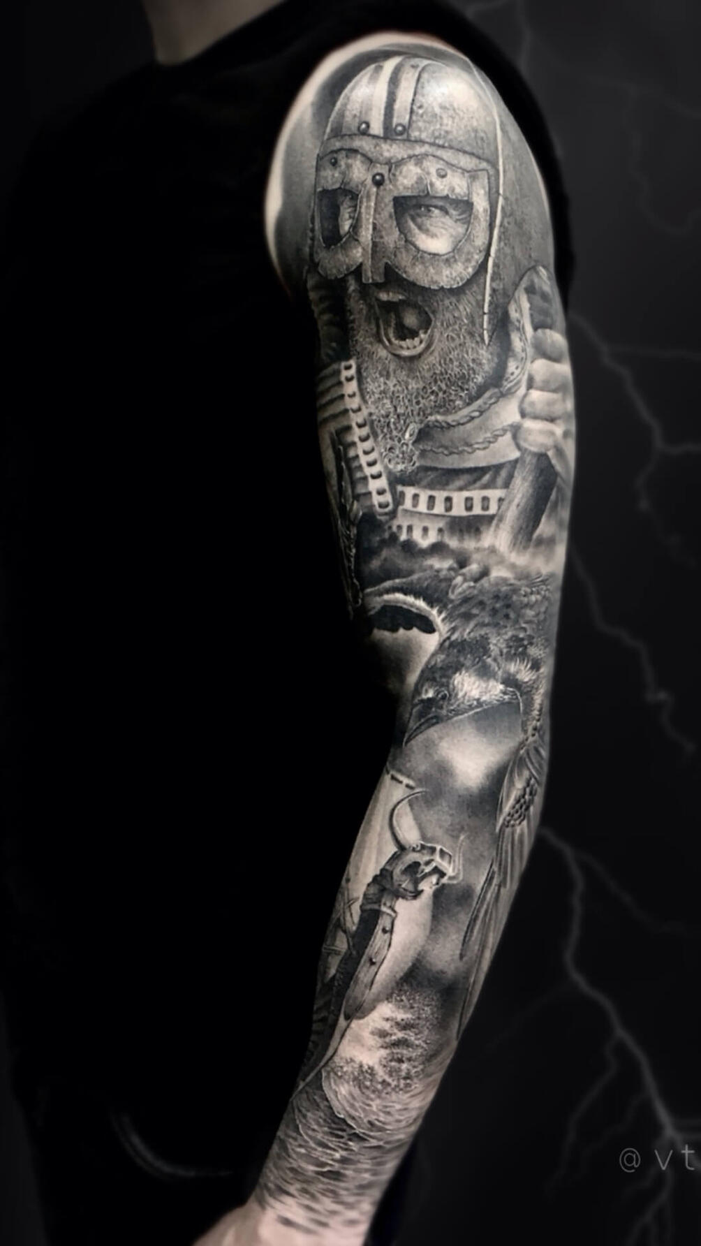 Untitled Igor Vtoroff | Full sleeve Viking warrior tattoo with detailed helmet, Celtic style and drakkar ship. Nordic mythology realism, Torrevieja, Alicante, Spain.