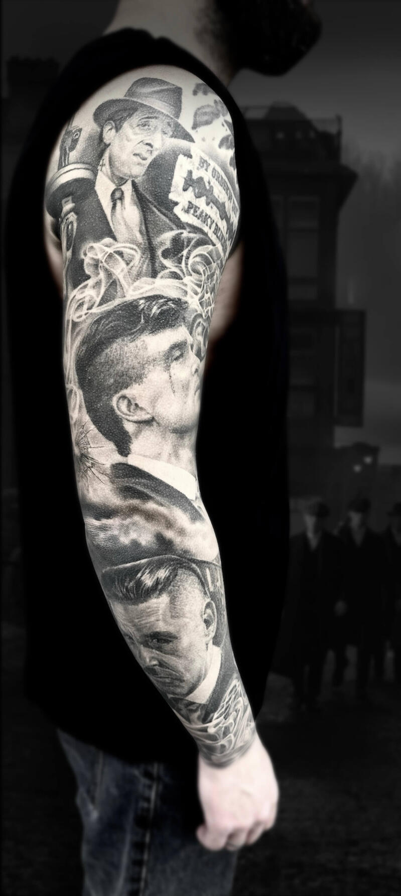 Untitled Full sleeve Peaky Blinders tattoo project combining Thomas and Arthur Shelby portraits by Igor Vtoroff. Realistic black and grey sleeve, Torrevieja, Alicante, Spain.