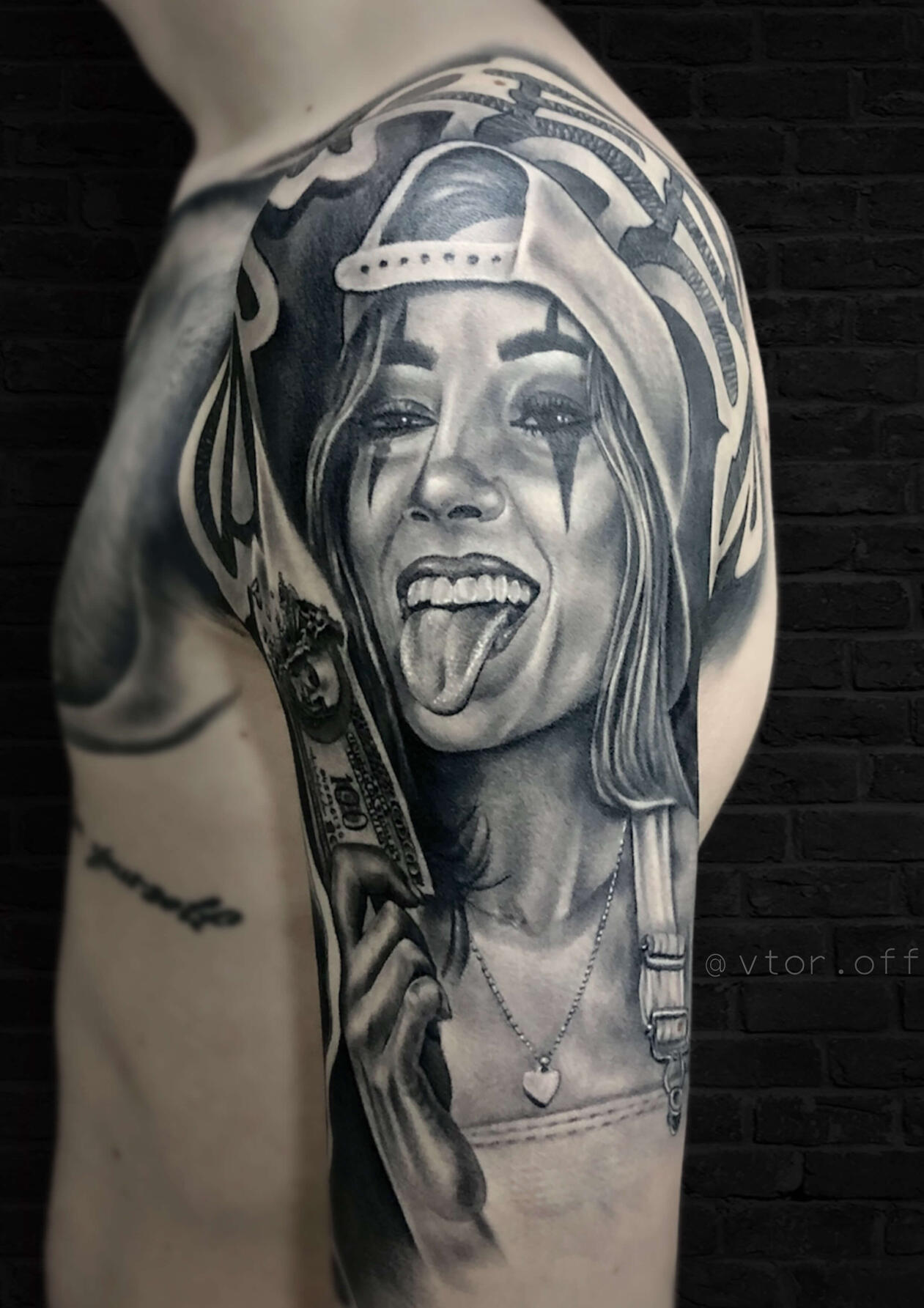 Untitled Realistic Chicano girl portrait tattoo with clown makeup, baseball cap and 100 dollar bill by Igor Vtoroff. Custom black and grey gangsta realism in Torrevieja, Alicante, Spain.