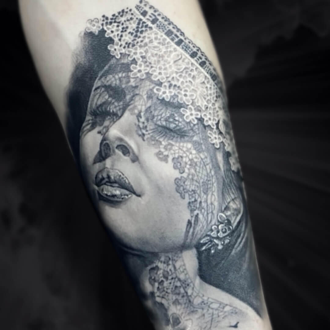 Untitled Igor Vtoroff | Hyper-realistic female portrait tattoo with detailed lace veil texture. Custom fine-line black and grey realism, Torrevieja, Alicante, Spain.