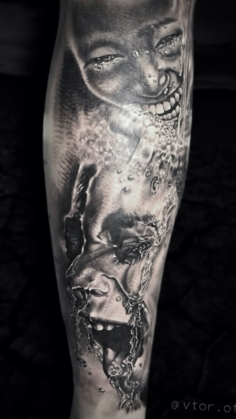Untitled Realistic surrealism tattoo with emotional faces in water splashes by Igor Vtoroff. Premium black and grey artwork in Torrevieja, Alicante, Spain.