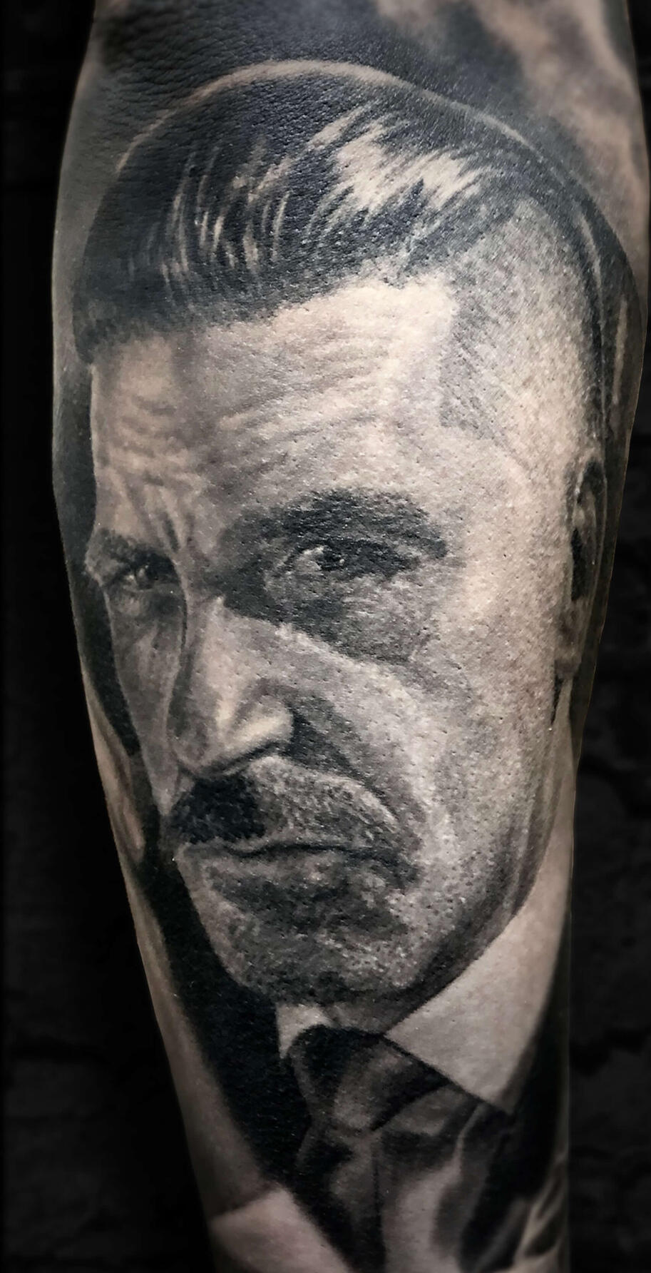 Untitled Detailed Arthur Shelby portrait tattoo done by Igor Vtoroff. Peaky Blinders character sleeve artwork, Torrevieja, Alicante, Spain.