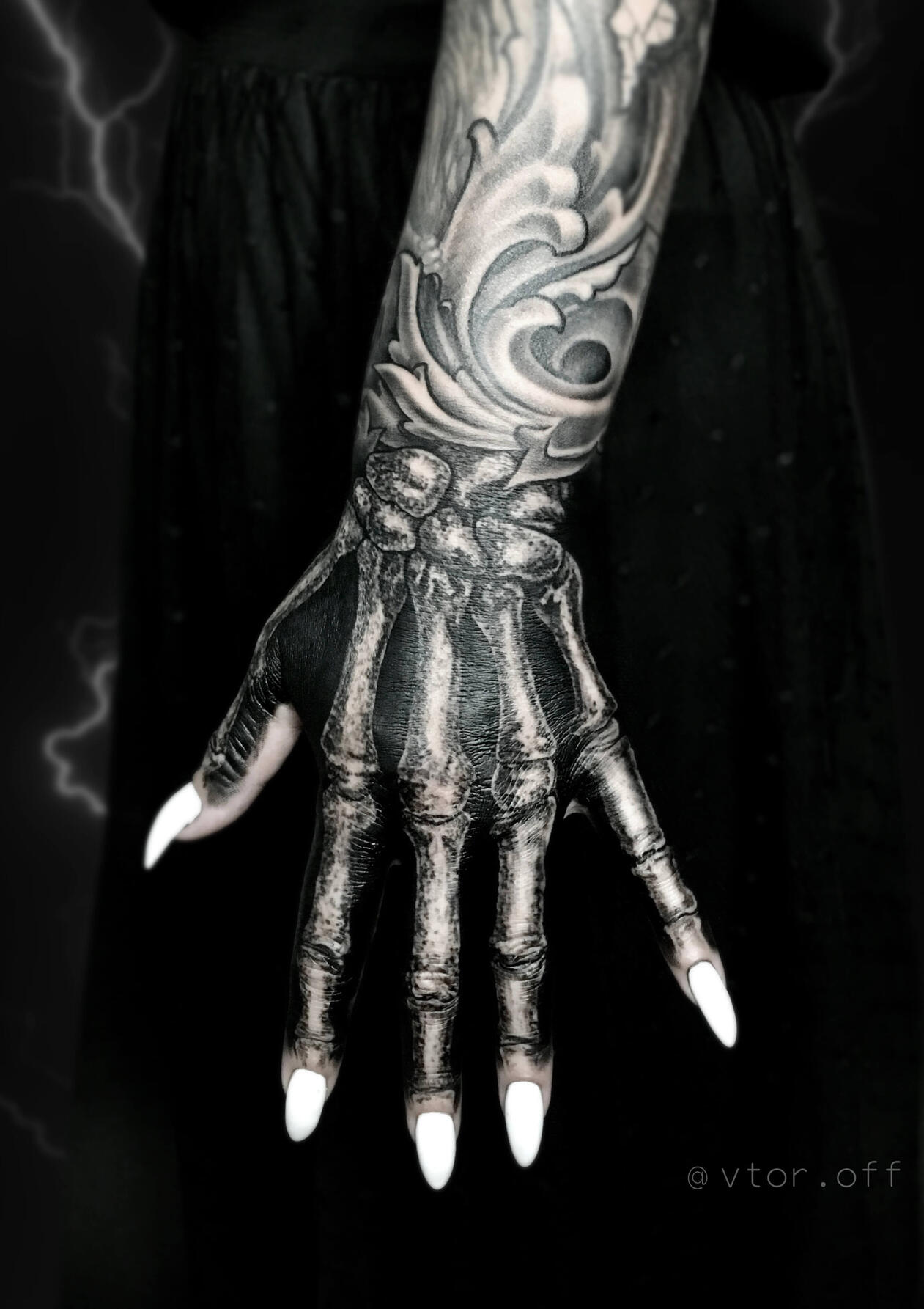 Untitled Realistic skeleton hand anatomy tattoo with baroque patterns by Igor Vtoroff. Custom black and grey bone tattoo in Torrevieja, Alicante, Spain.