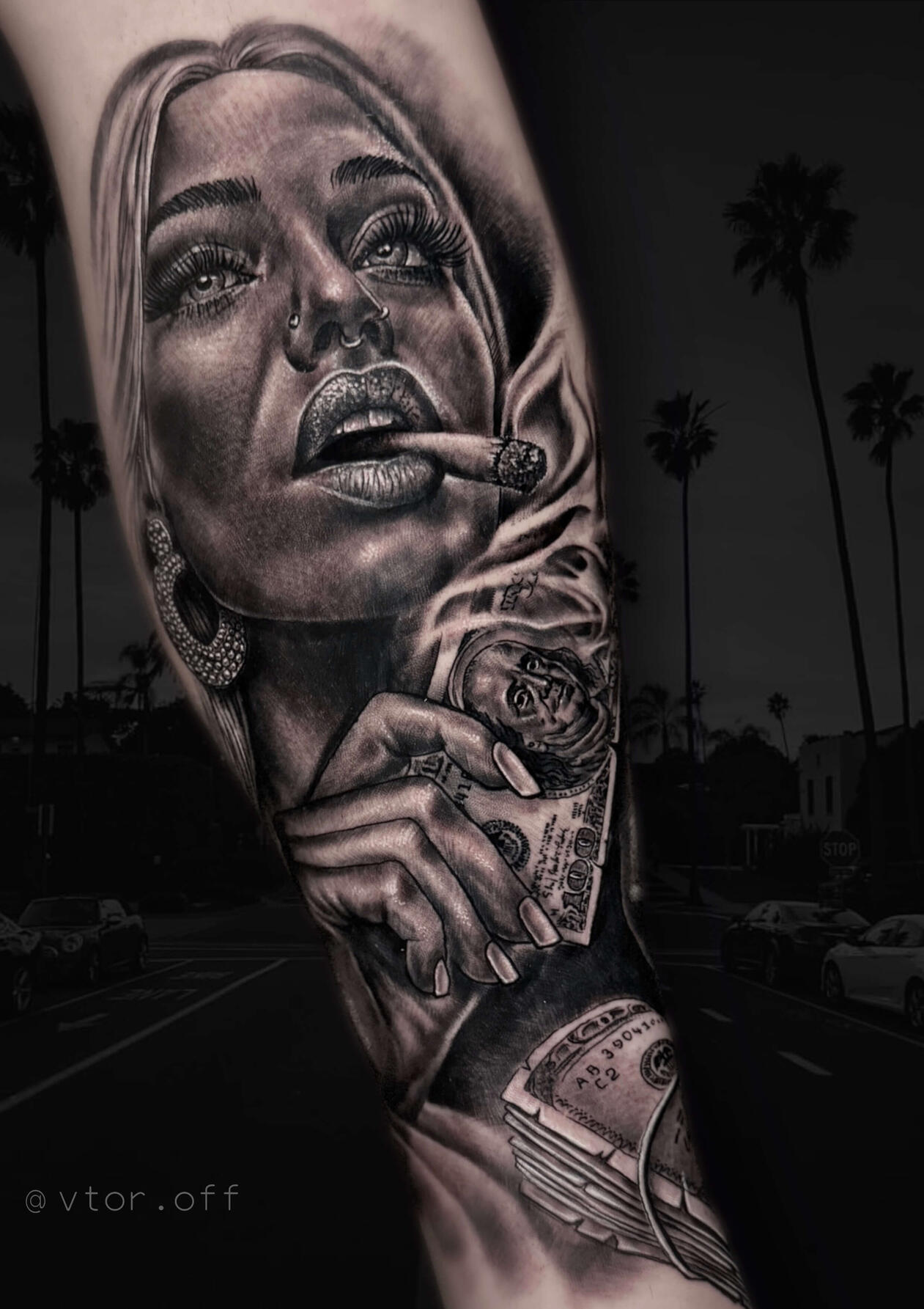 Untitled Detailed Chicano girl smoking cigar tattoo with money bills and palms done by Igor Vtoroff. Realistic black and grey gangsta style art, Torrevieja, Alicante, Spain.