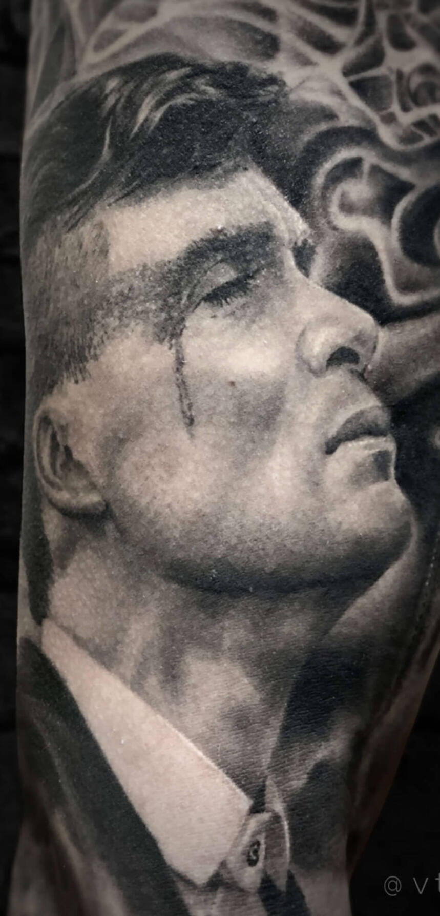 Untitled Realistic Cillian Murphy as Thomas Shelby portrait tattoo by Igor Vtoroff. Custom Peaky Blinders realism in Torrevieja, Alicante, Spain.