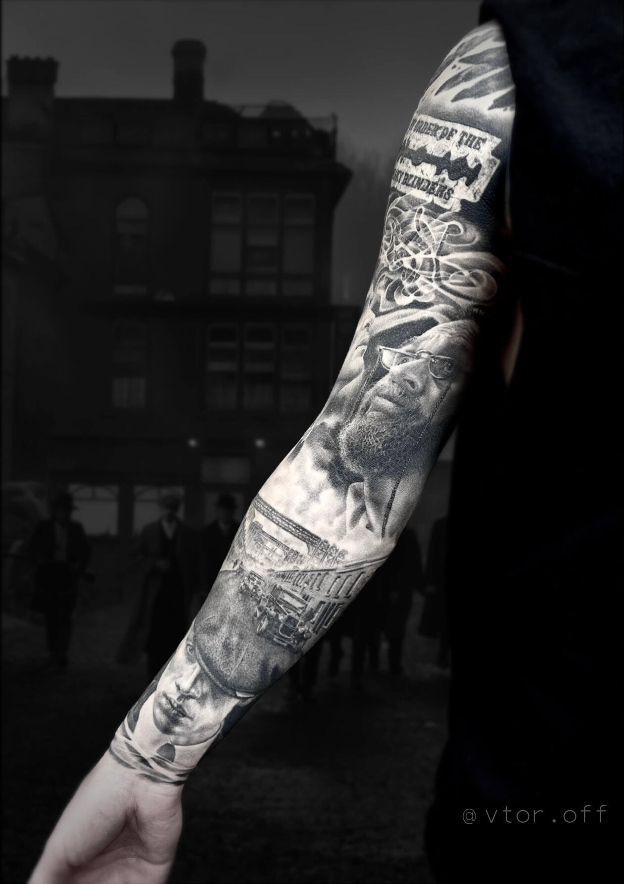 Untitled Igor Vtoroff | Custom Peaky Blinders sleeve tattoo with razor blade and Birmingham street background. Torrevieja, Alicante, Spain.