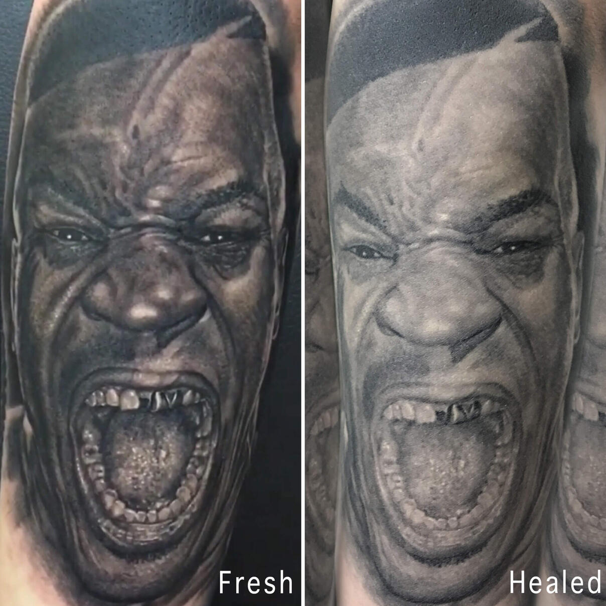 Untitled Igor Vtoroff | Fresh vs healed tattoo result comparison of a realistic Mike Tyson screaming portrait. Flawless black and grey realism, Torrevieja, Alicante, Spain.