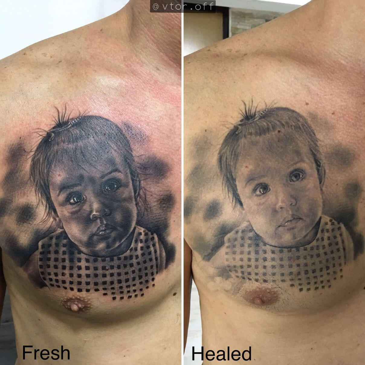 Untitled Igor Vtoroff | Fresh vs healed tattoo result comparison of a realistic baby child portrait on chest. Soft black and grey micro-realism, Torrevieja, Alicante, Spain.