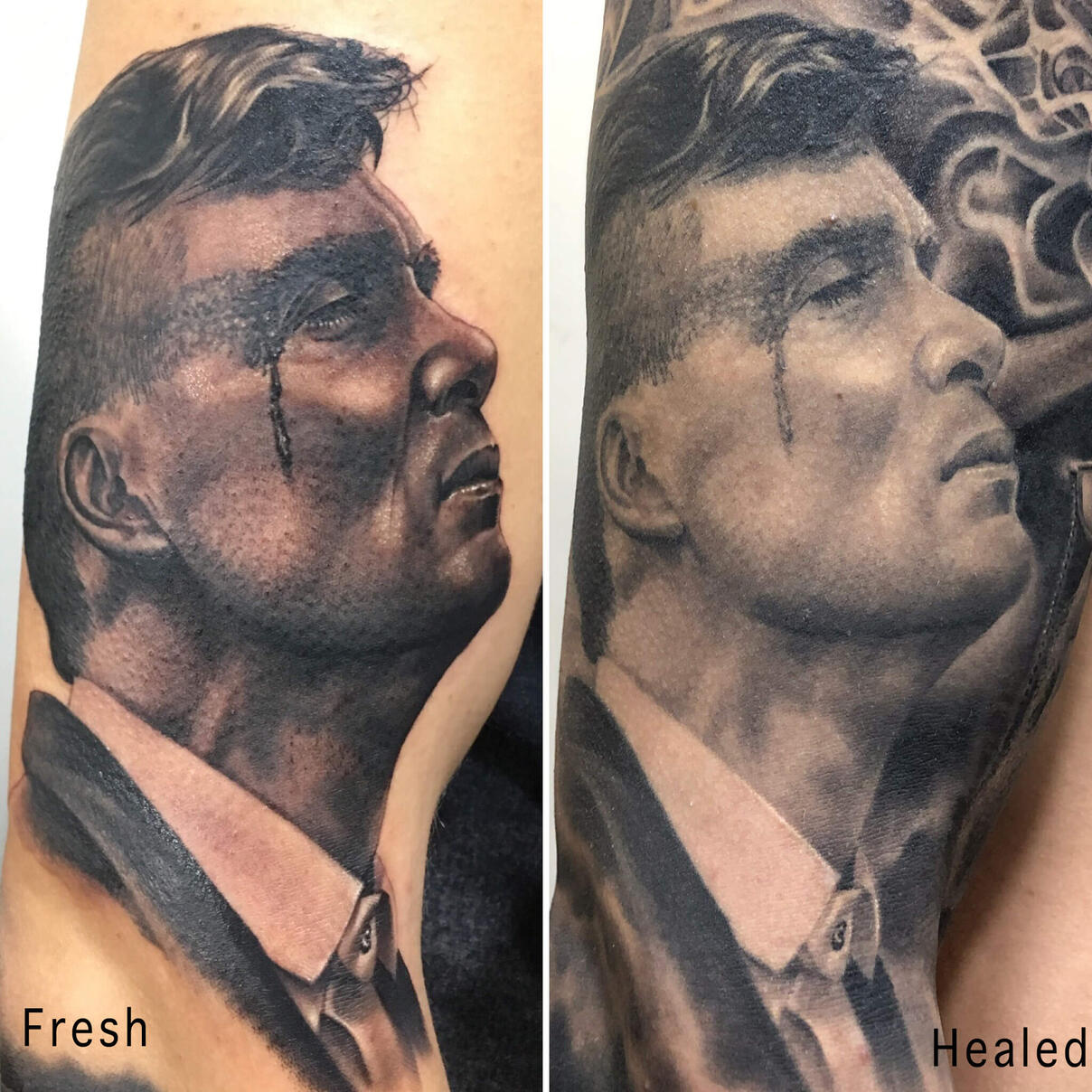 . Igor Vtoroff | Fresh vs healed tattoo result comparison of Cillian Murphy as Thomas Shelby portrait. Flawless Peaky Blinders realism, Torrevieja, Alicante, Spain.