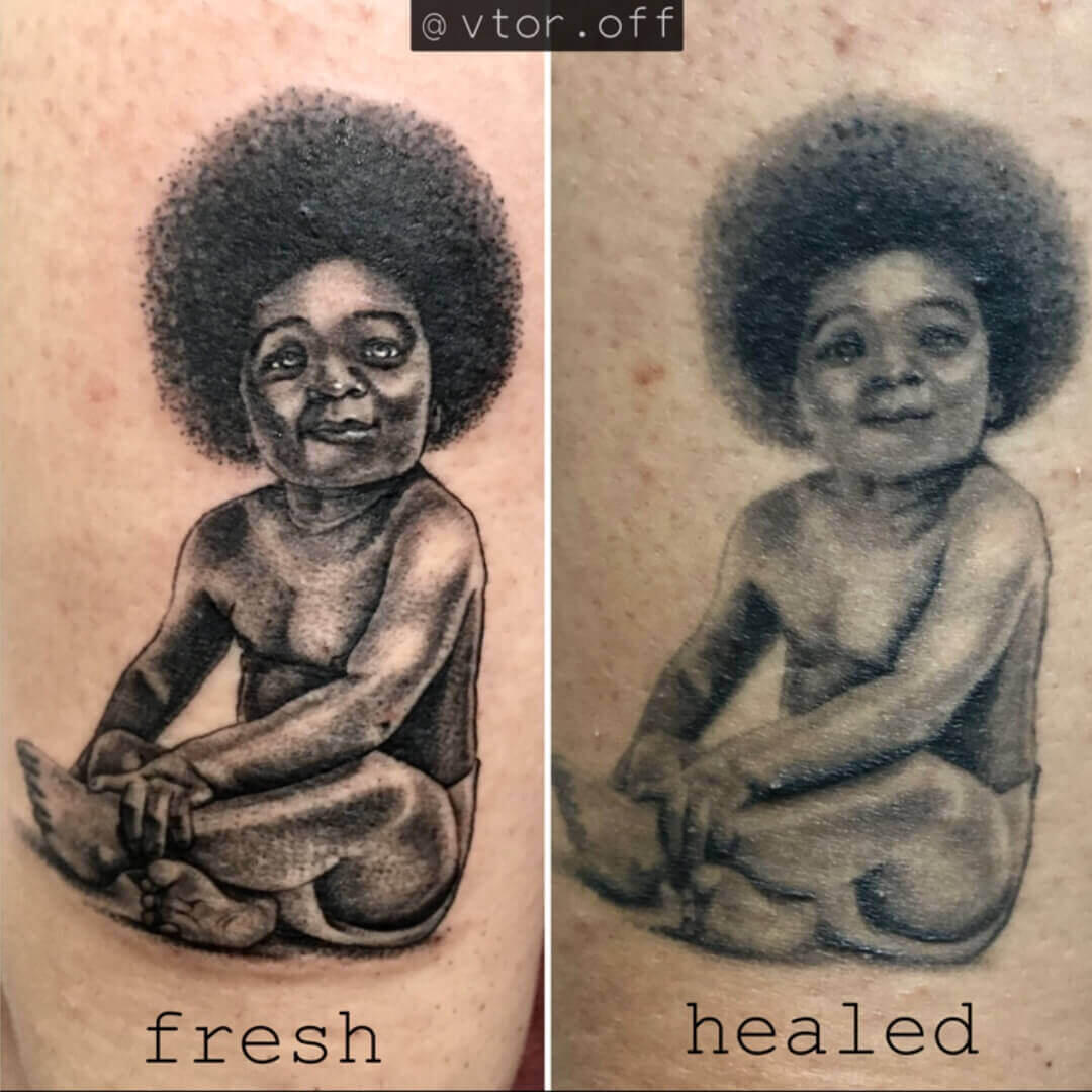 Untitled Realistic baby portrait tattoo inspired by The Notorious B.I.G. Ready to Die album cover fresh vs healed comparison by Igor Vtoroff. Premium black and grey hip-hop music tribute realism in Torrevieja, Alicante, Spain.