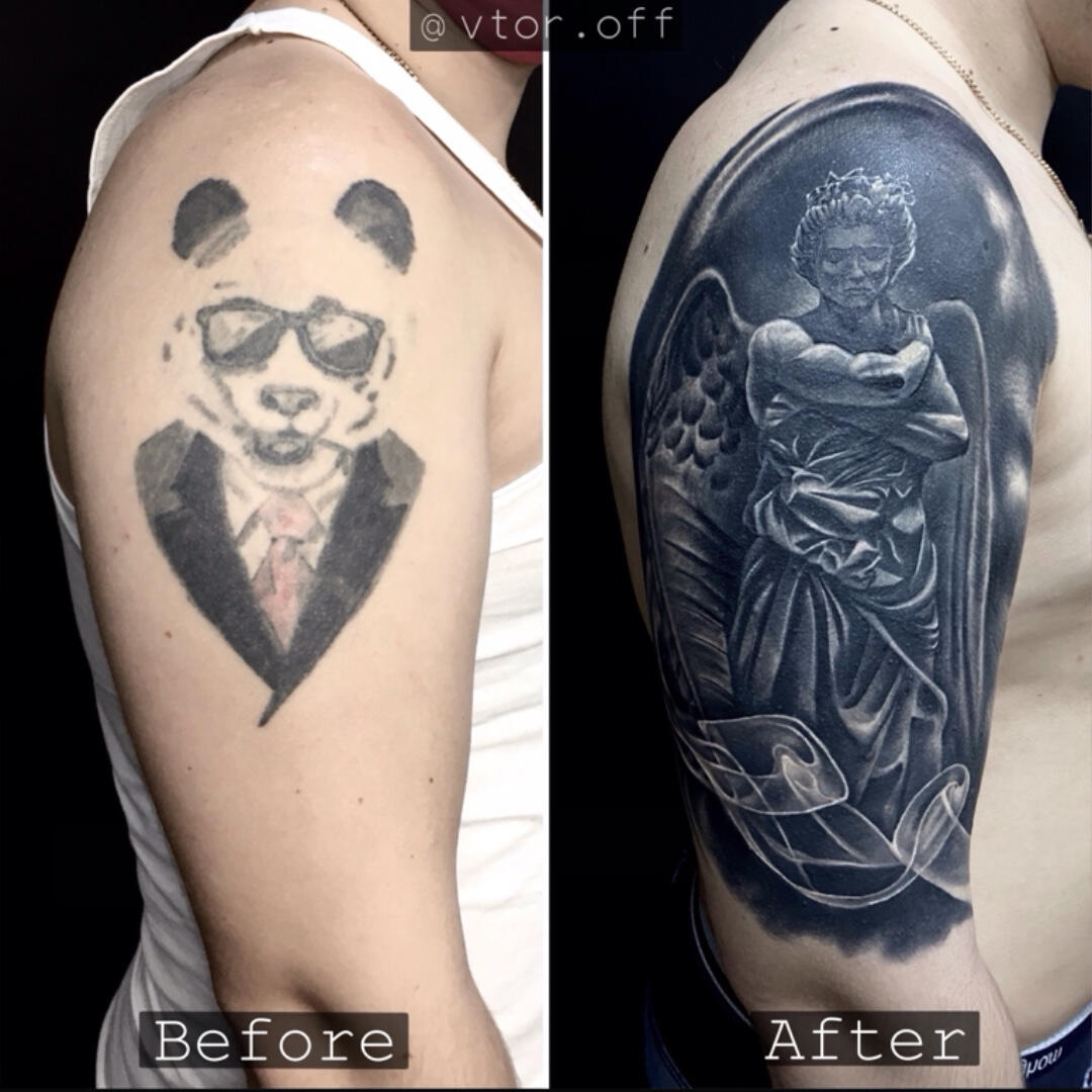 Untitled Igor Vtoroff | Expert cover-up tattoo artist showing a healed result from an old panda to an angel statue without laser removal. Professional cover up, Torrevieja, Alicante, Spain.
