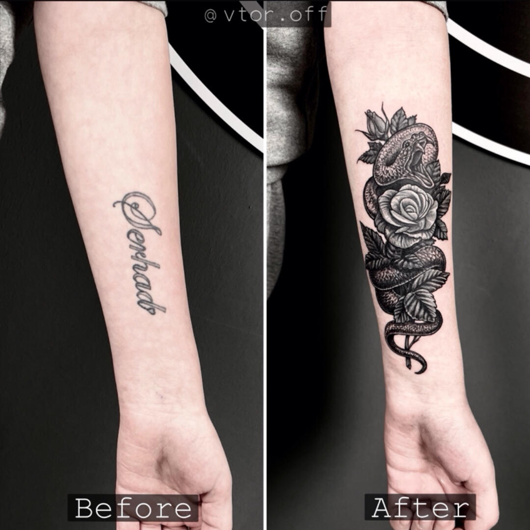 Untitled Healed tattoo cover up of old lettering script with realistic snake and rose by Igor Vtoroff, specialized cover-up tattoo artist without laser removal. Realism in Torrevieja, Alicante, Spain.