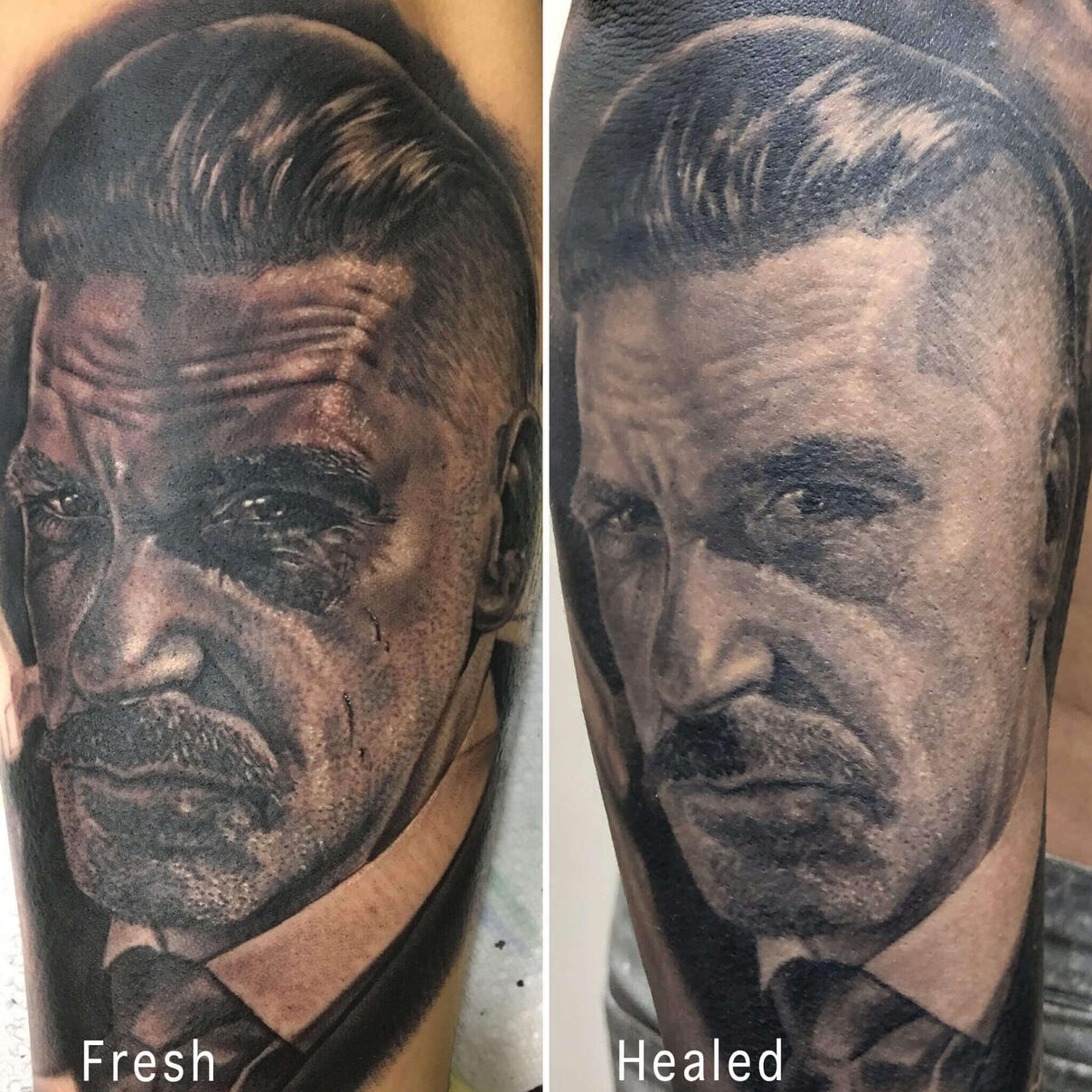 Untitled Realistic Arthur Shelby portrait tattoo fresh vs healed comparison by Igor Vtoroff. Premium black and grey Peaky Blinders character realism in Torrevieja, Alicante, Spain.