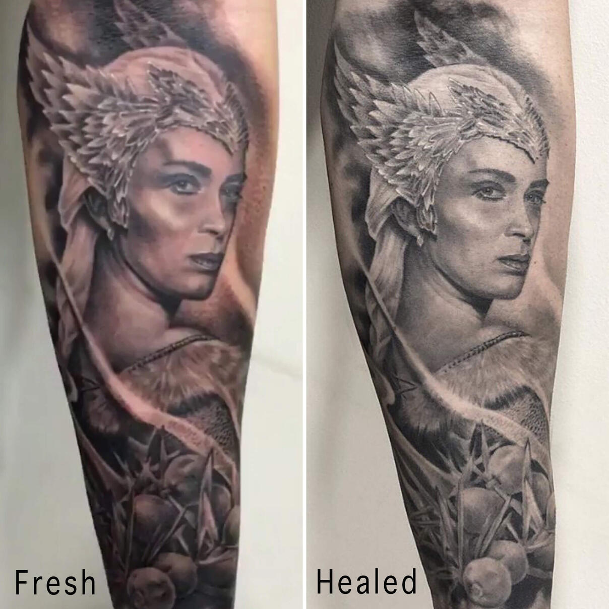 Untitled Igor Vtoroff | Fresh vs healed tattoo result comparison of a realistic Valkyrie with Nordic themes and Celtic style. Black and grey mythology, Torrevieja, Alicante, Spain.