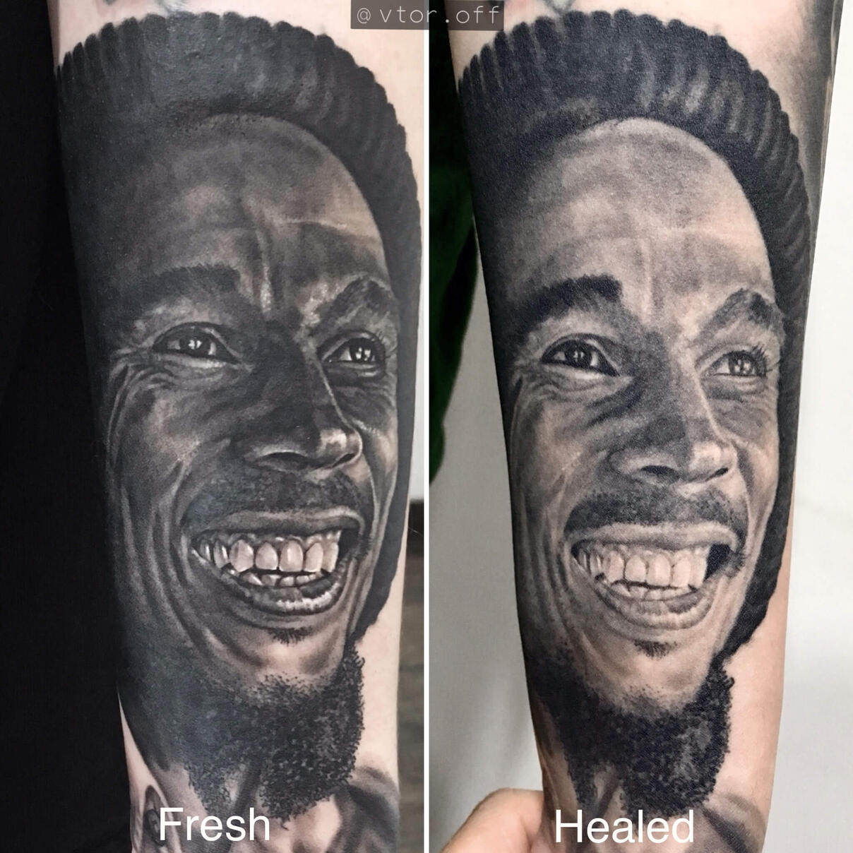 Untitled Realistic Bob Marley portrait tattoo fresh vs healed comparison by Igor Vtoroff. Premium black and grey reggae legend icon realism in Torrevieja, Alicante, Spain.