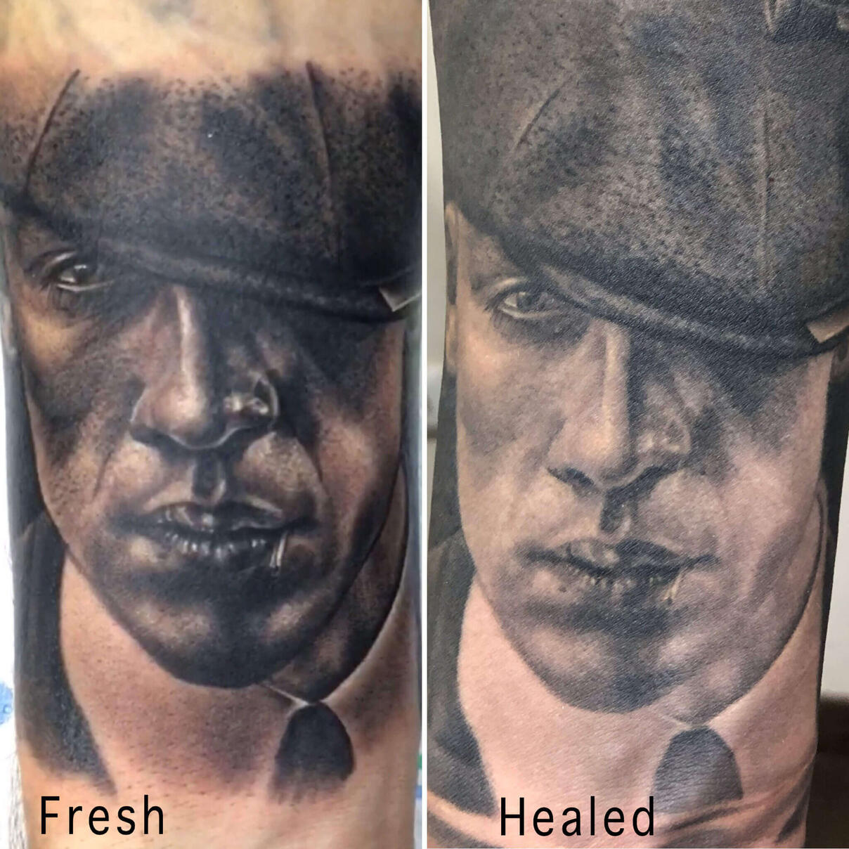 Untitled Igor Vtoroff | Fresh vs healed tattoo result comparison of Thomas Shelby portrait with vintage Birmingham cars. Flawless black and grey realism, Torrevieja, Alicante, Spain.