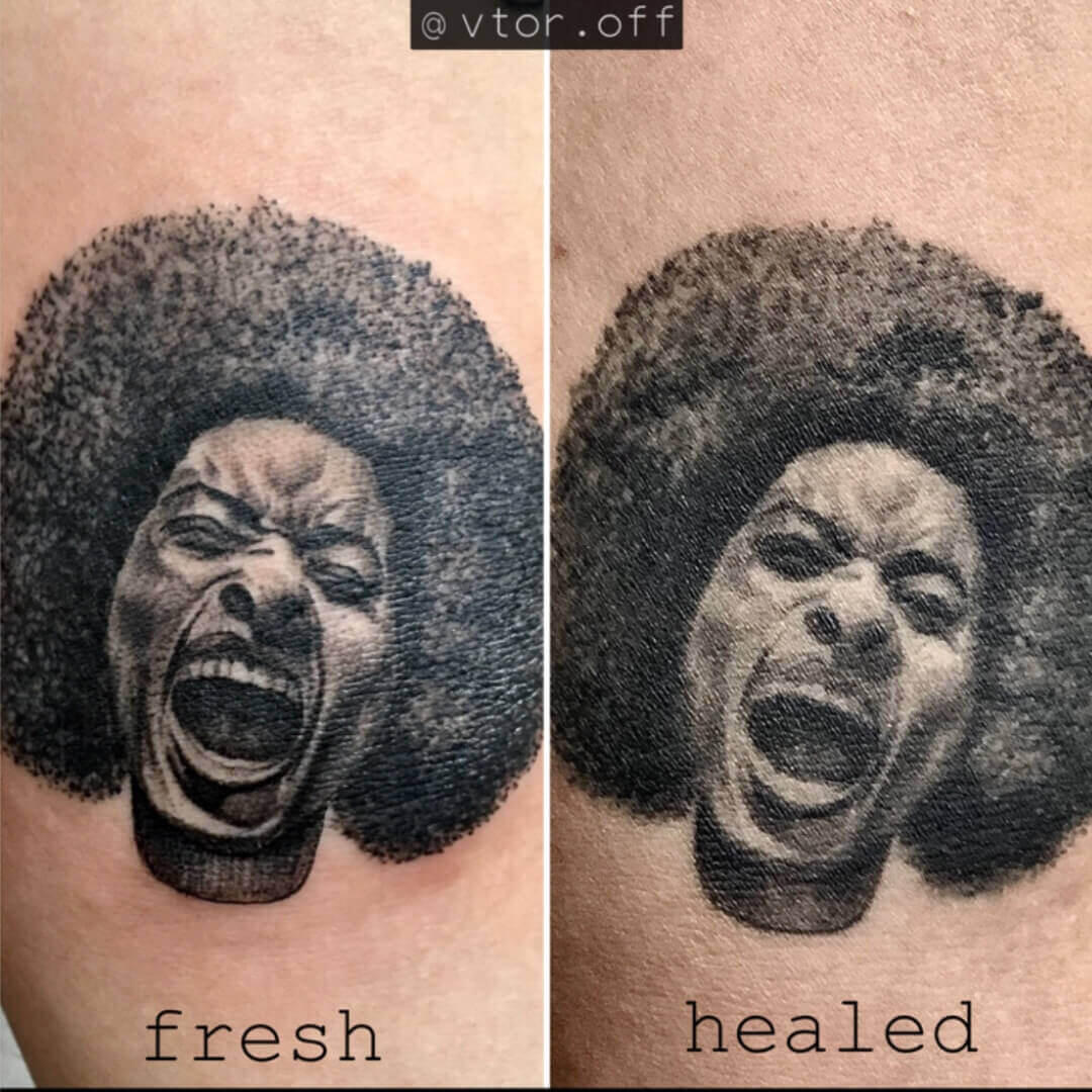 Untitled Igor Vtoroff | Fresh vs healed tattoo result comparison of a realistic screaming man with afro hair portrait. Soft black and grey micro-realism, Torrevieja, Alicante, Spain.