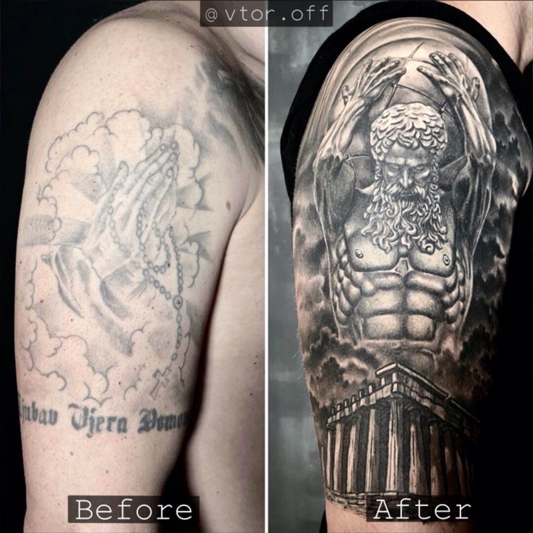 Untitled Healed tattoo cover up of old praying hands with realistic Greek mythology Atlas tattoo by Igor Vtoroff, specialized cover-up tattoo artist without laser removal. Torrevieja, Alicante, Spain.