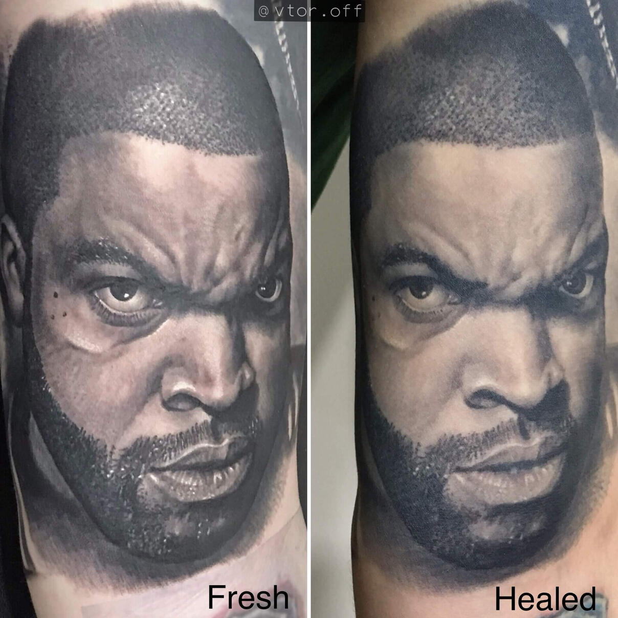 Untitled Realistic Ice Cube portrait tattoo fresh vs healed comparison by Igor Vtoroff. Premium black and grey hip-hop rap legend realism in Torrevieja, Alicante, Spain.