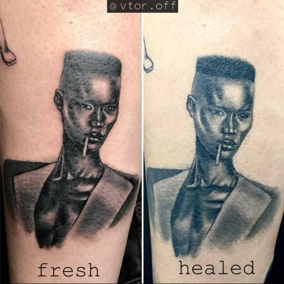 Untitled Realistic Grace Jones portrait tattoo fresh vs healed comparison by Igor Vtoroff. Premium black and grey fashion icon realism in Torrevieja, Alicante, Spain.