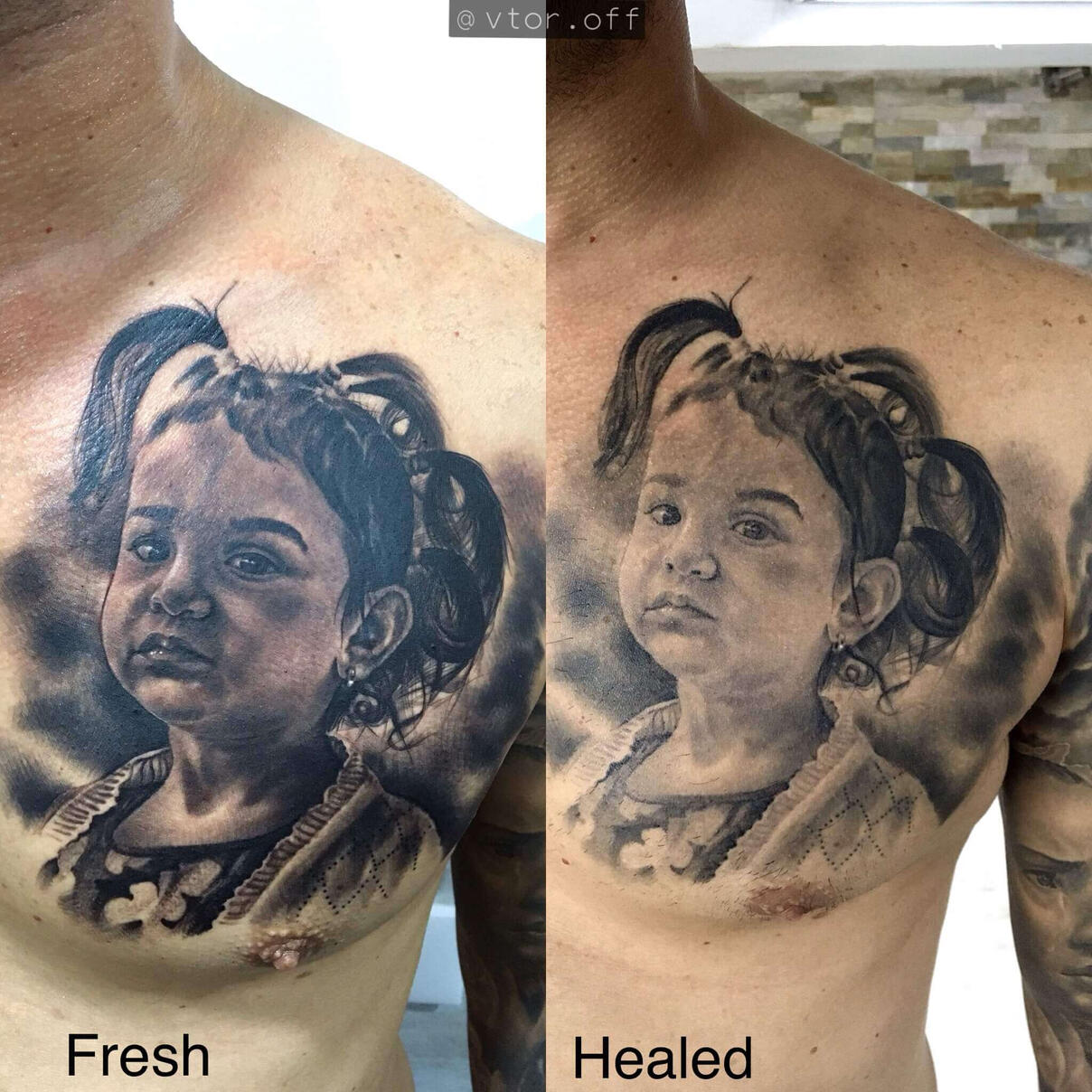 Untitled Realistic child portrait tattoo on chest fresh vs healed comparison by Igor Vtoroff. Premium fine-line black and grey baby daughter realism in Torrevieja, Alicante, Spain.