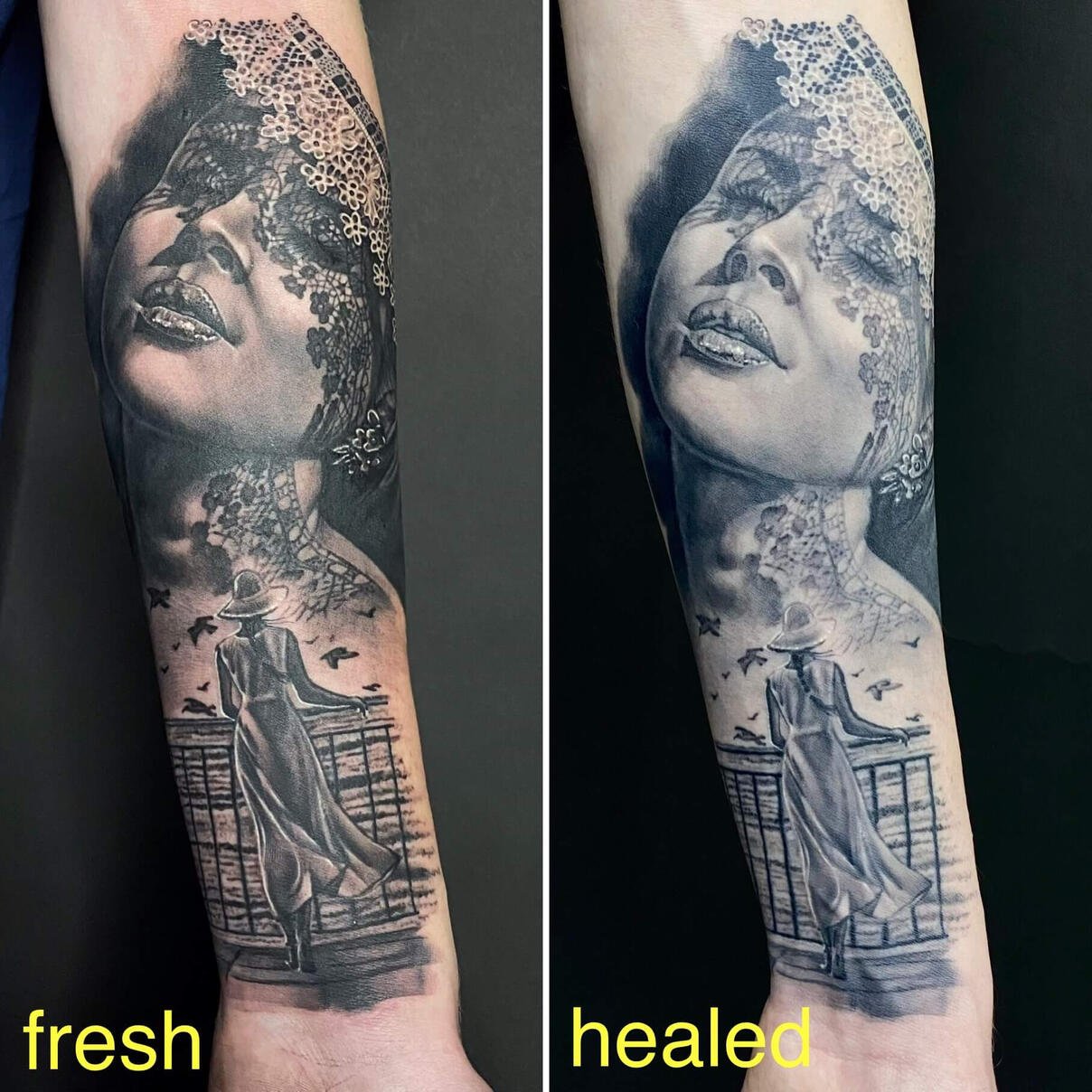 Untitled Realistic female portrait tattoo with lace veil and balcony silhouette fresh vs healed comparison by Igor Vtoroff. Premium black and grey fine-line realism in Torrevieja, Alicante, Spain.