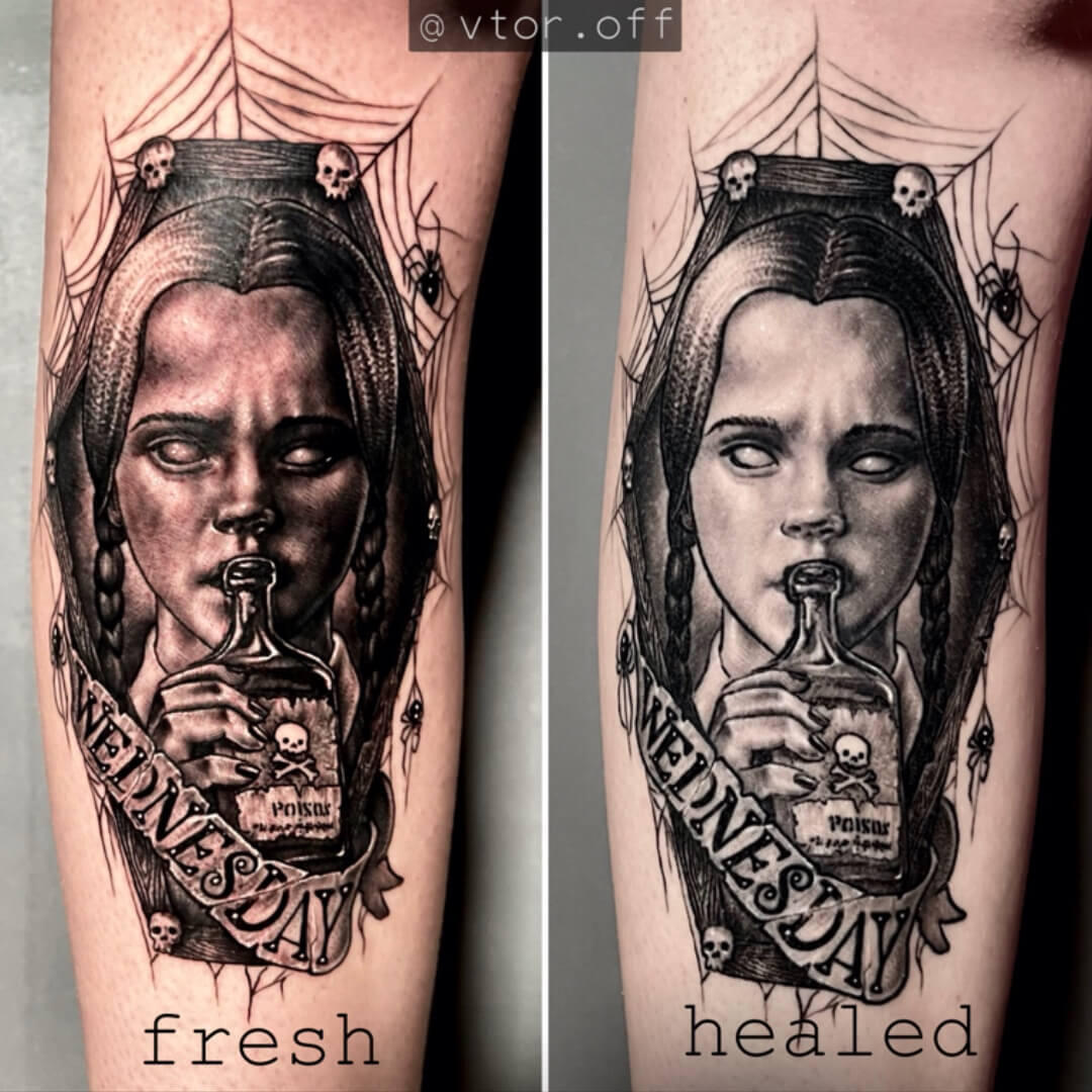 Untitled Igor Vtoroff | Fresh vs healed tattoo result comparison of Wednesday Addams custom design with traditional, realism and chicano styles. Torrevieja, Alicante, Spain.