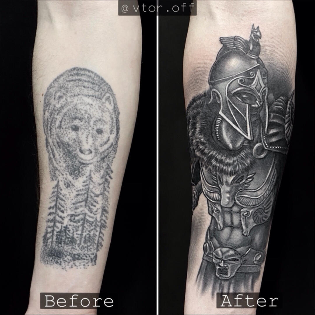 Untitled Igor Vtoroff | Expert cover-up tattoo artist showing a healed result from an old bear to a realistic black and grey Spartan gladiator warrior without laser removal. Torrevieja, Alicante, Spain.